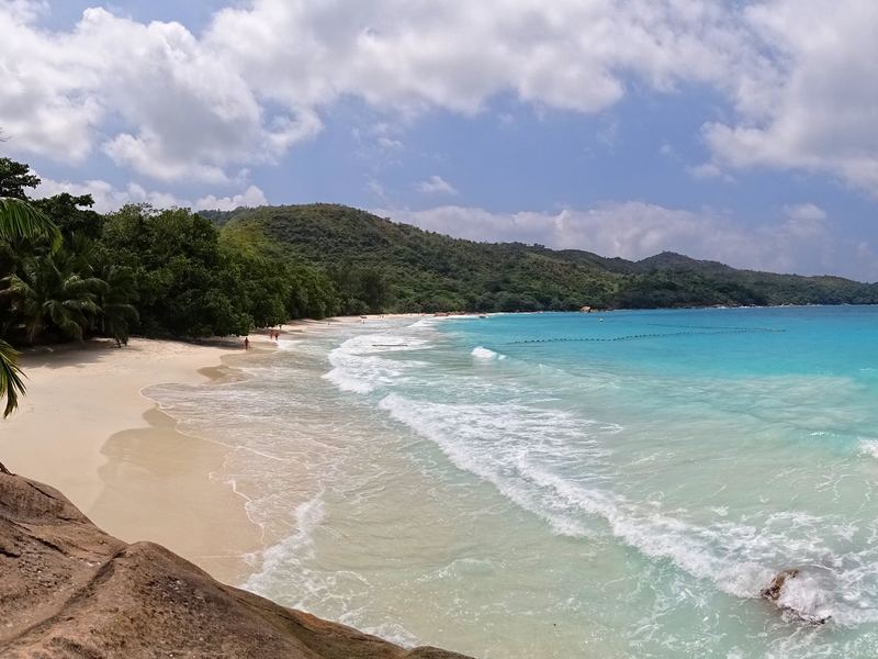 Anse Lazio beach on Praslin with granite boulders and clear turquoise water